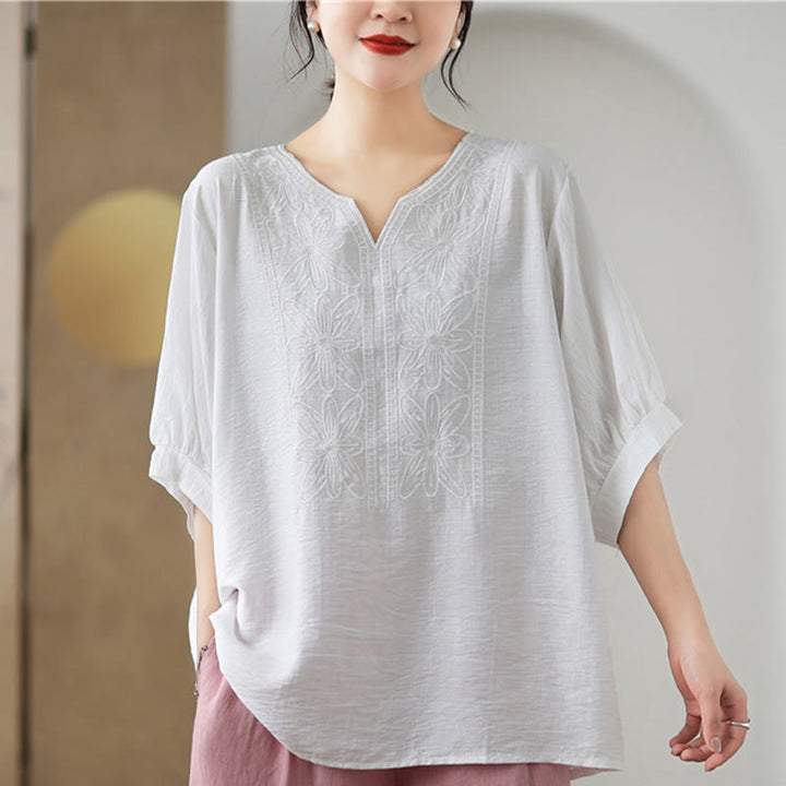 Buddha Stones Flower Embroidery Design Half Sleeve Cotton Linen T-shirt Tee