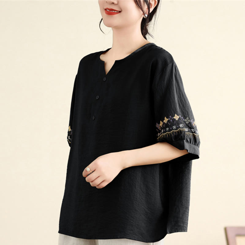 Buddha Stones Vintage Half Sleeve Embroidery Design Cotton Linen T-shirt Tee - image 5