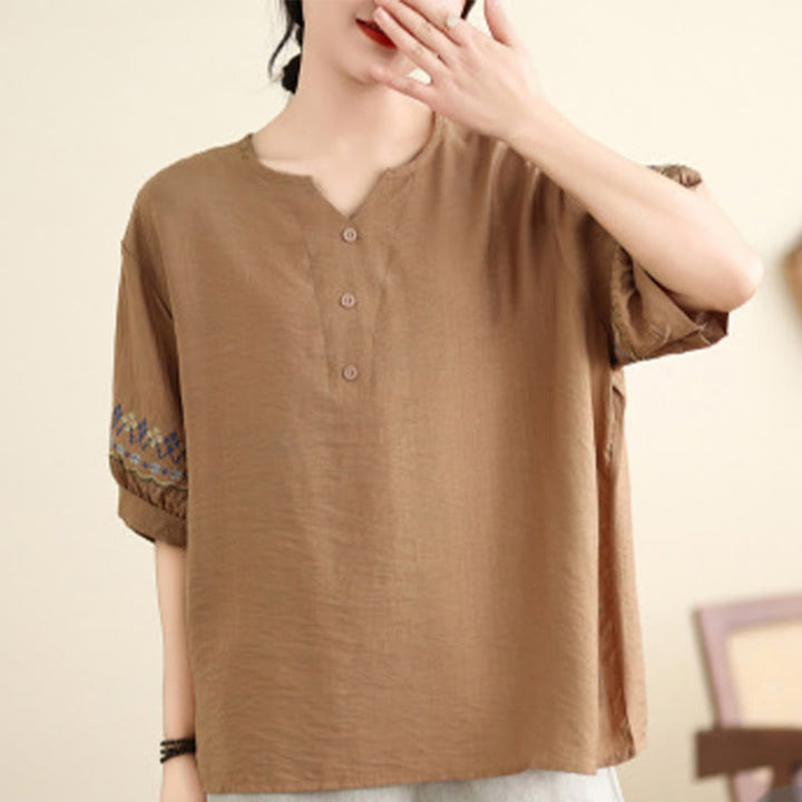 Buddha Stones Vintage Half Sleeve Embroidery Design Cotton Linen T-shirt Tee - image 15