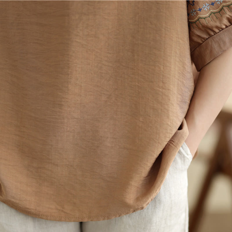 Buddha Stones Vintage Half Sleeve Embroidery Design Cotton Linen T-shirt Tee - image 14
