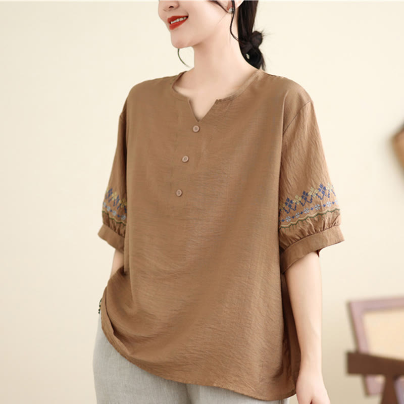 Buddha Stones Vintage Half Sleeve Embroidery Design Cotton Linen T-shirt Tee - BurlyWood - US4-6，UK/AU8-10，EU36-38 (F) - image 7