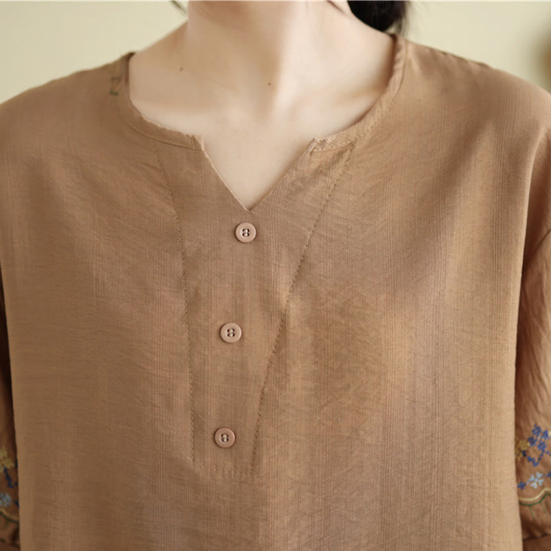Buddha Stones Vintage Half Sleeve Embroidery Design Cotton Linen T-shirt Tee - image 12