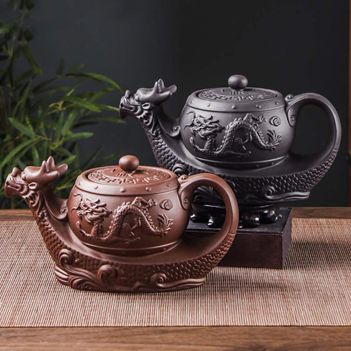 Vintage Dragon Auspicious Clouds Purple Clay Ceramic Teapot