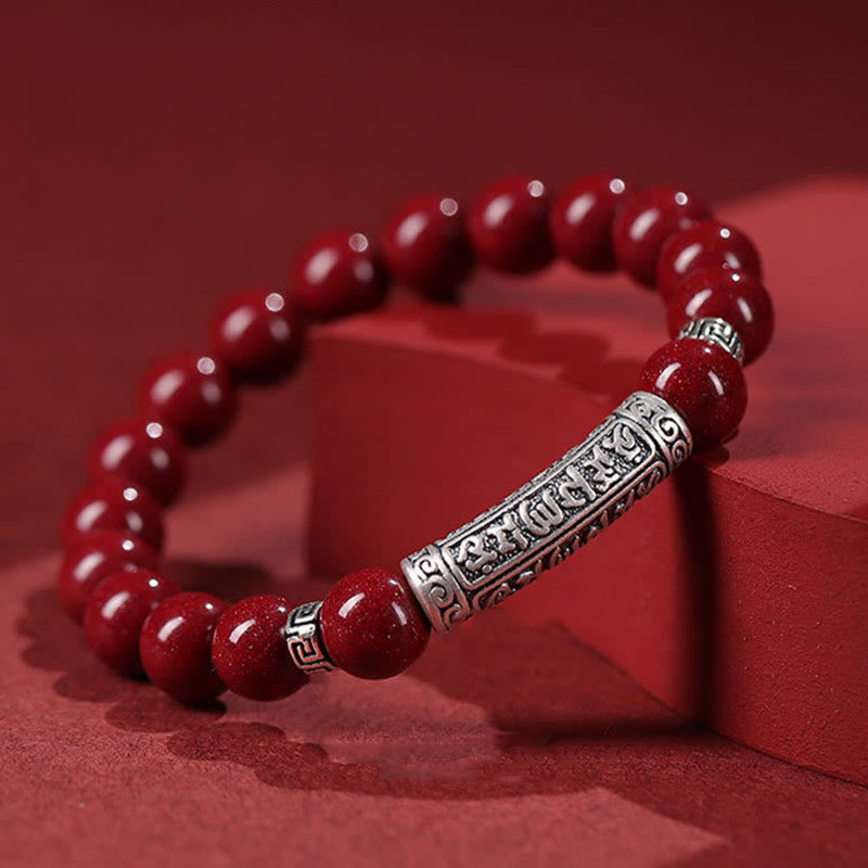 Buddha Stones Cinnabar 999 Sterling Silver Six True Words Blessing Bracelet