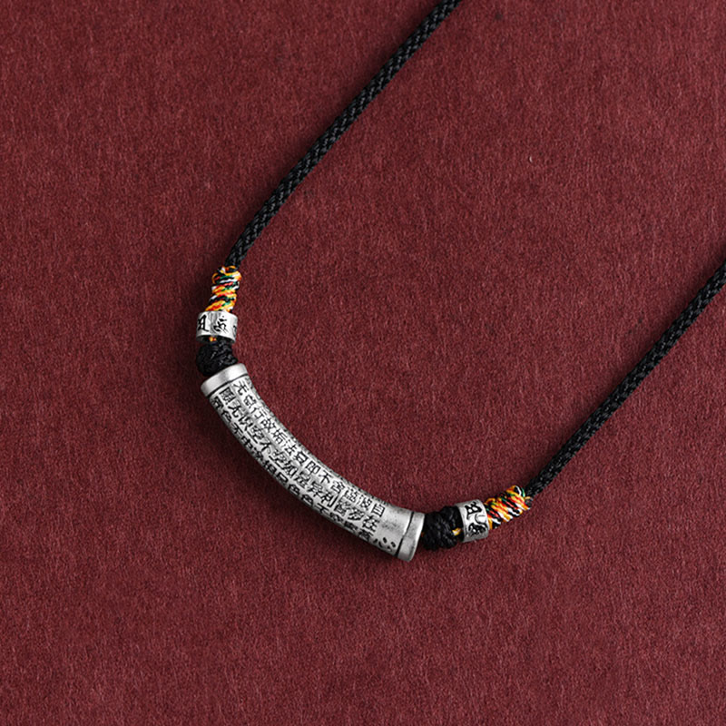 Buddha Stones 999 Sterling Silver Six True Word Heart Sutra String Necklace Pendant - Black (Six True Word & Heart Sutra) - image 1