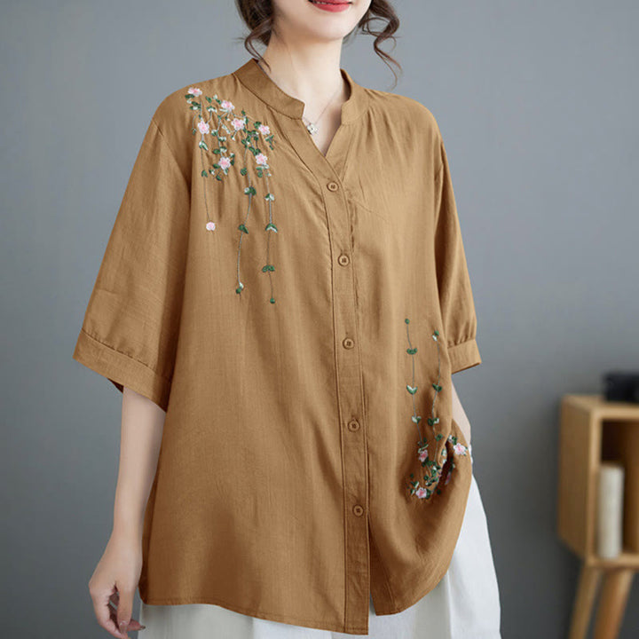 Buddha Stones Women's Button Down Flower Vines Embroidery Design Half Sleeve Cotton Shirt