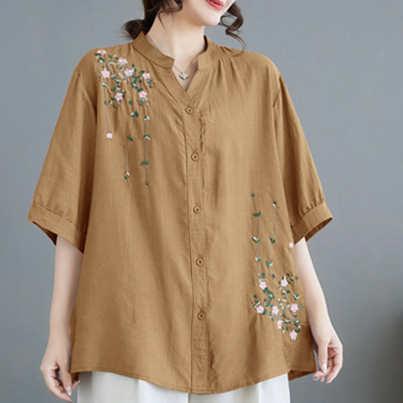 Buddha Stones Women's Button Down Flower Vines Embroidery Design Half Sleeve Cotton Shirt