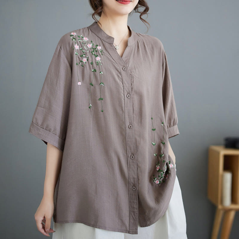 Buddha Stones Women's Button Down Flower Vines Embroidery Design Half Sleeve Cotton Shirt