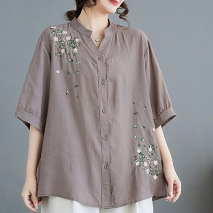 Buddha Stones Women's Button Down Flower Vines Embroidery Design Half Sleeve Cotton Shirt