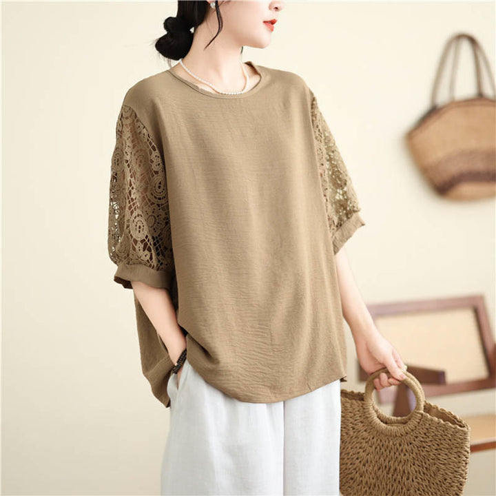 Buddha Stones Women's Lace Sleeve Design Crew Neck T-shirt Tee