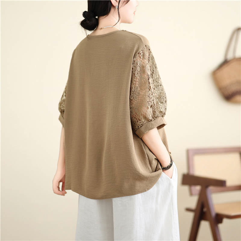 Buddha Stones Women's Lace Sleeve Design Crew Neck T-shirt Tee