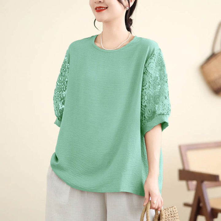 Buddha Stones Women's Lace Sleeve Design Crew Neck T-shirt Tee