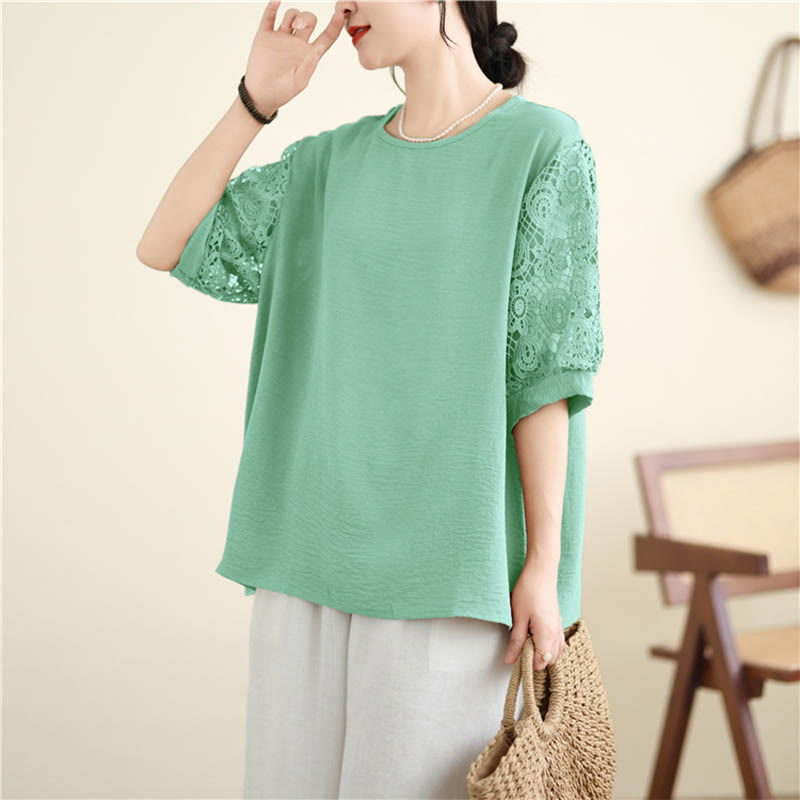 Buddha Stones Women's Lace Sleeve Design Crew Neck T-shirt Tee