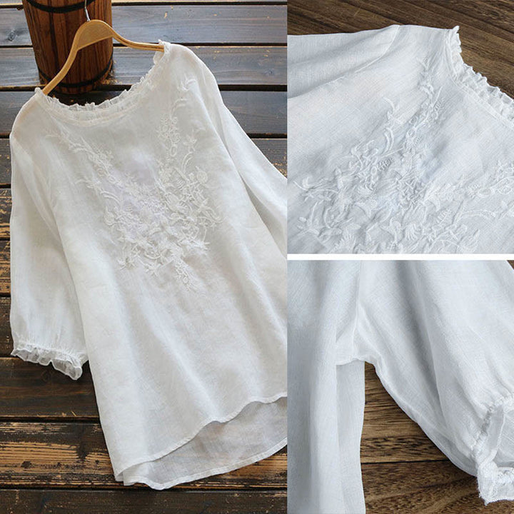Buddha Stones Women's Flower Embroidery Design Crew Neck T-shirt Tee - image 3