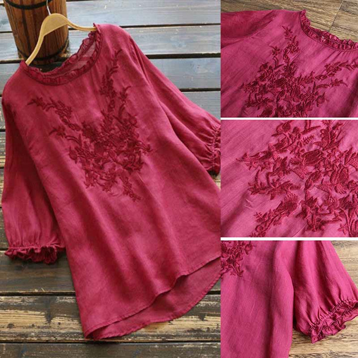 Buddha Stones Women's Flower Embroidery Design Crew Neck T-shirt Tee - image 7
