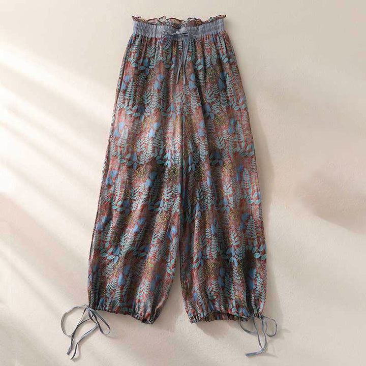 Buddha Stones Summer Women's Blue Leaves Plants Pants With Pockets