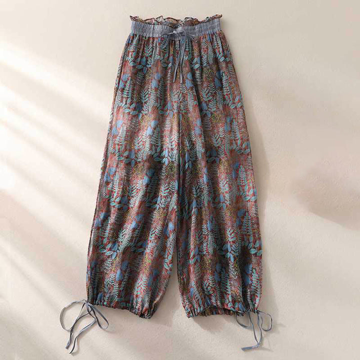 Buddha Stones Summer Women's Blue Leaves Plants Pants With Pockets - US8-10，UK/AU12-14，EU40-42 (2XL) - image 0