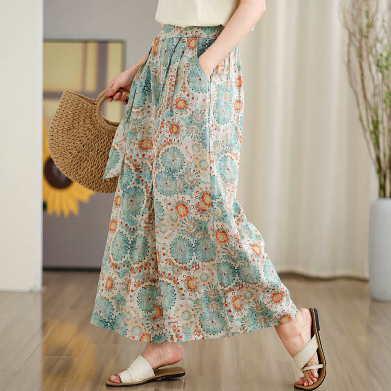 Buddha Stones Blue Circular Print Cotton Linen Lace-up Wide Leg Pants With Pockets