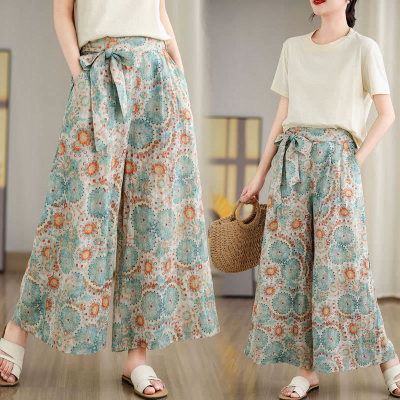 Buddha Stones Blue Circular Print Cotton Linen Lace-up Wide Leg Pants With Pockets