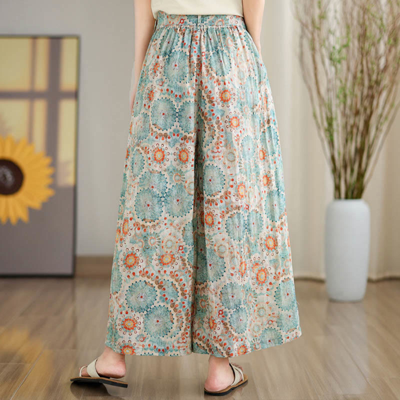 Buddha Stones Blue Circular Print Cotton Linen Lace-up Wide Leg Pants With Pockets