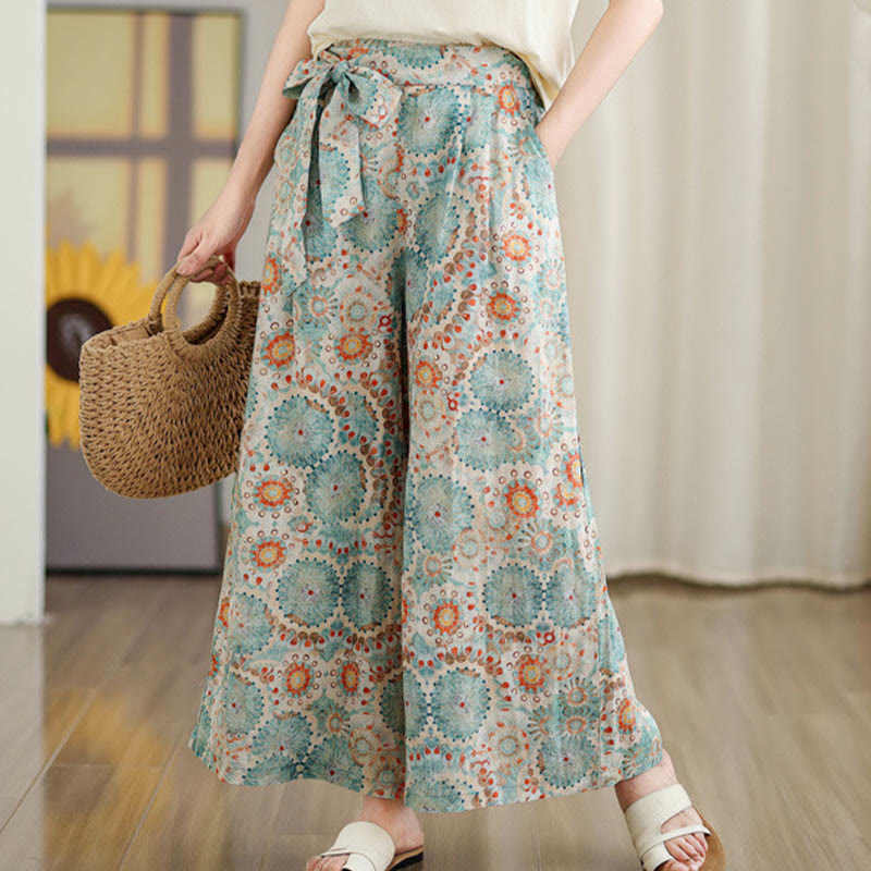 Buddha Stones Blue Circular Print Cotton Linen Lace-up Wide Leg Pants With Pockets