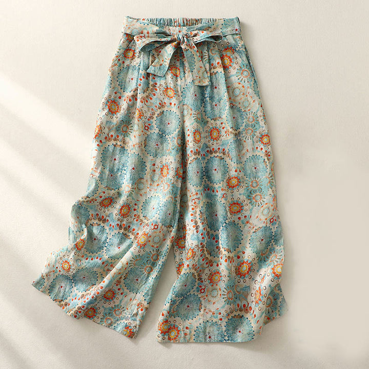 Buddha Stones Blue Circular Print Cotton Linen Lace-up Wide Leg Pants With Pockets