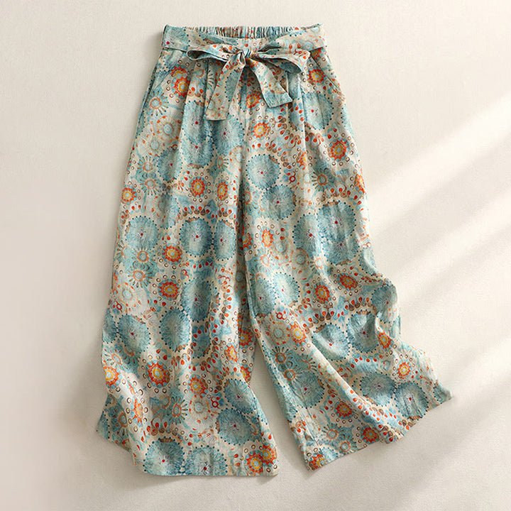 Buddha Stones Blue Circular Print Cotton Linen Lace-up Wide Leg Pants With Pockets