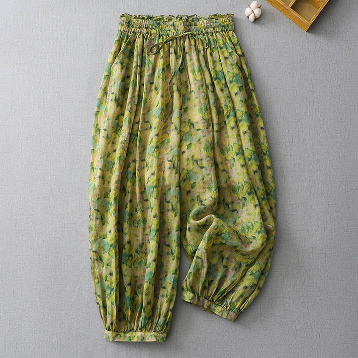 Buddha Stones Summer Yellow Leaves Flowers Ramie Linen Harem Pants With Pockets