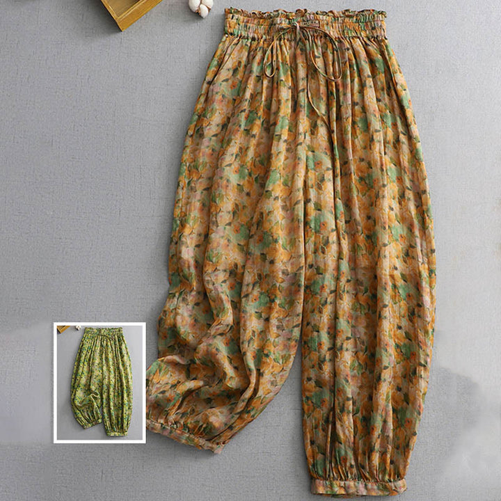 Buddha Stones Summer Yellow Leaves Flowers Ramie Linen Harem Pants With Pockets