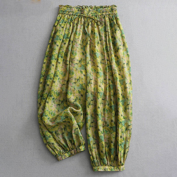 Buddha Stones Summer Yellow Leaves Flowers Ramie Linen Harem Pants With Pockets