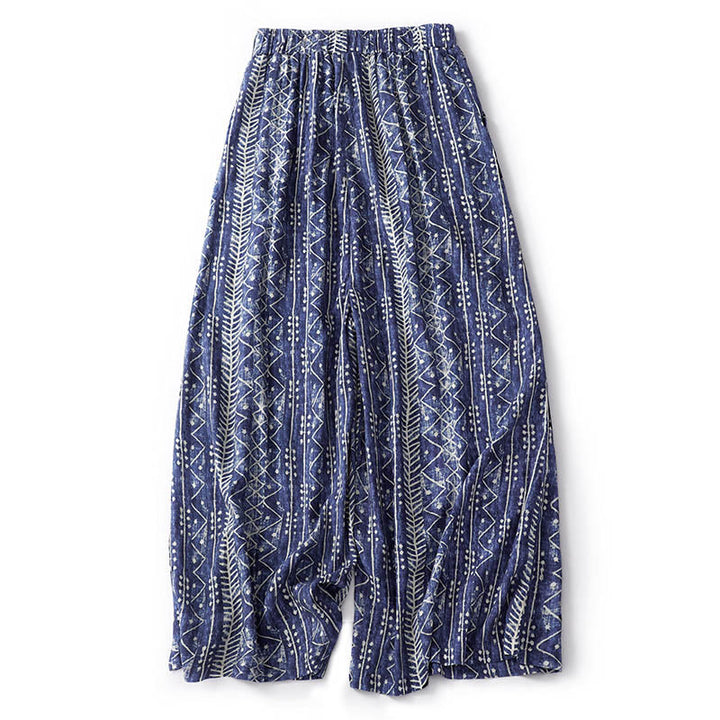 Buddha Stones Blue Stripes Print Cotton Linen Wide Leg Pants With Pockets