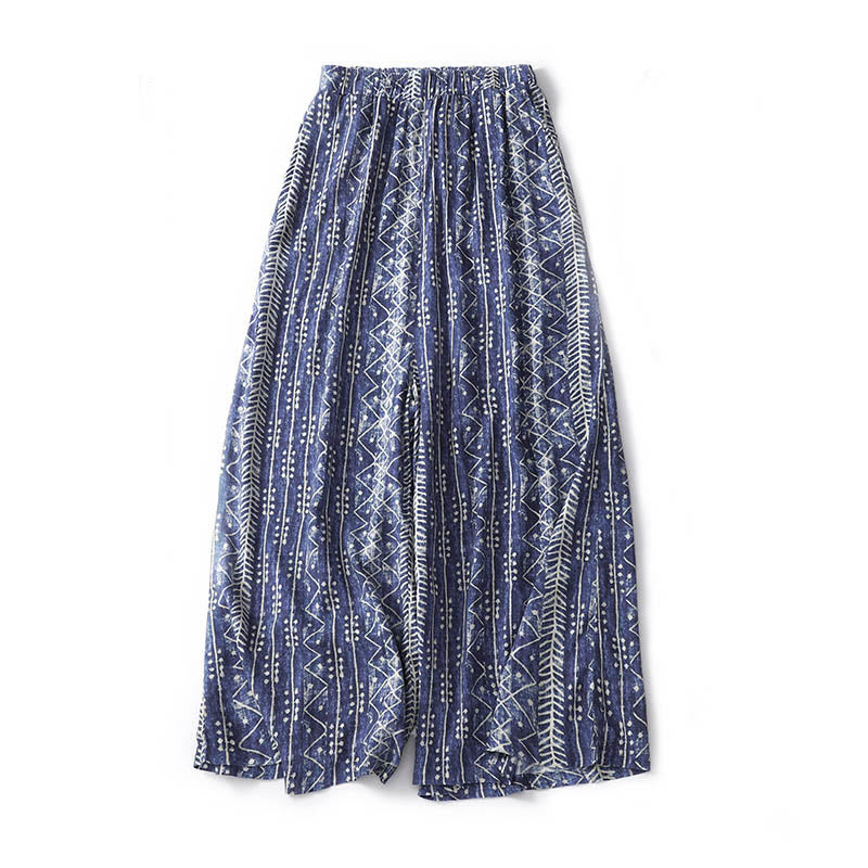 Buddha Stones Blue Stripes Print Cotton Linen Wide Leg Pants With Pockets - image 2
