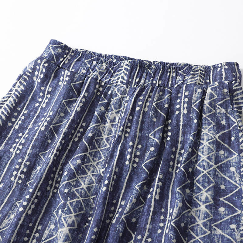 Buddha Stones Blue Stripes Print Cotton Linen Wide Leg Pants With Pockets