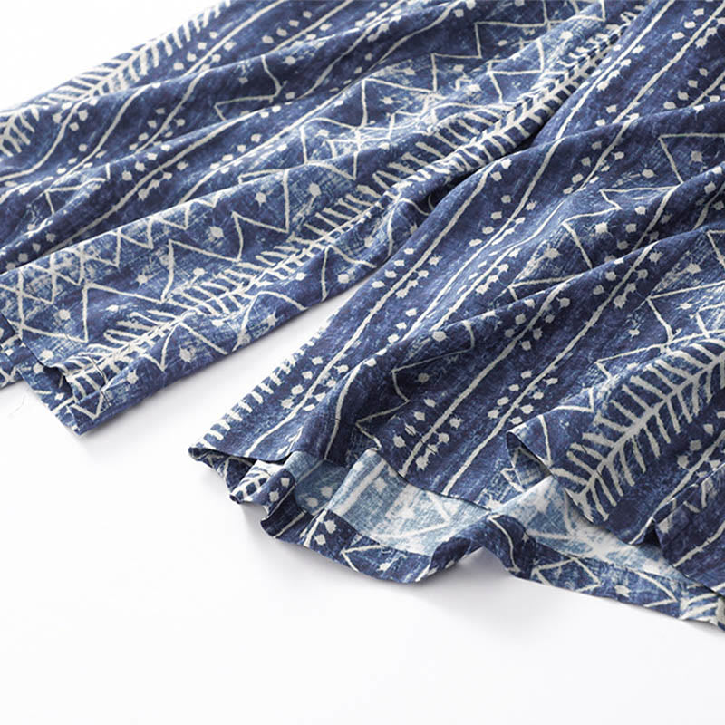 Buddha Stones Blue Stripes Print Cotton Linen Wide Leg Pants With Pockets