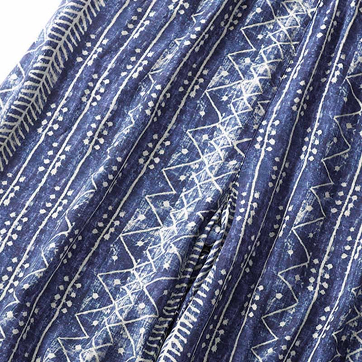 Buddha Stones Blue Stripes Print Cotton Linen Wide Leg Pants With Pockets