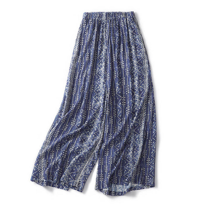 Buddha Stones Blue Stripes Print Cotton Linen Wide Leg Pants With Pockets