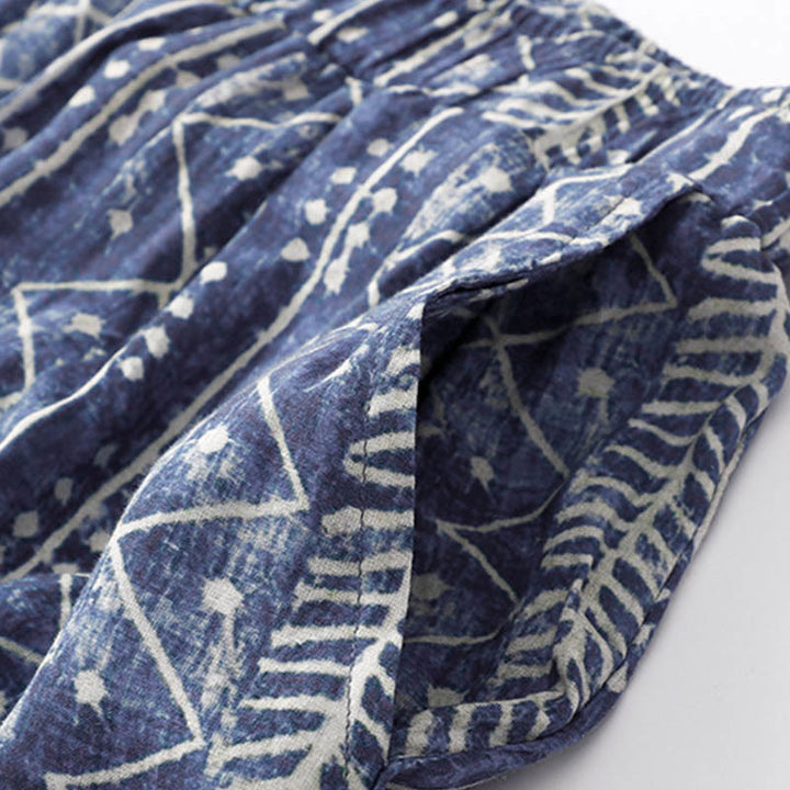 Buddha Stones Blue Stripes Print Cotton Linen Wide Leg Pants With Pockets - image 6