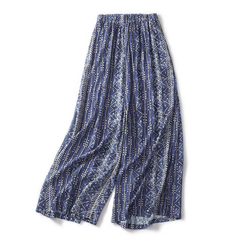 Buddha Stones Blue Stripes Print Cotton Linen Wide Leg Pants With Pockets - image 3