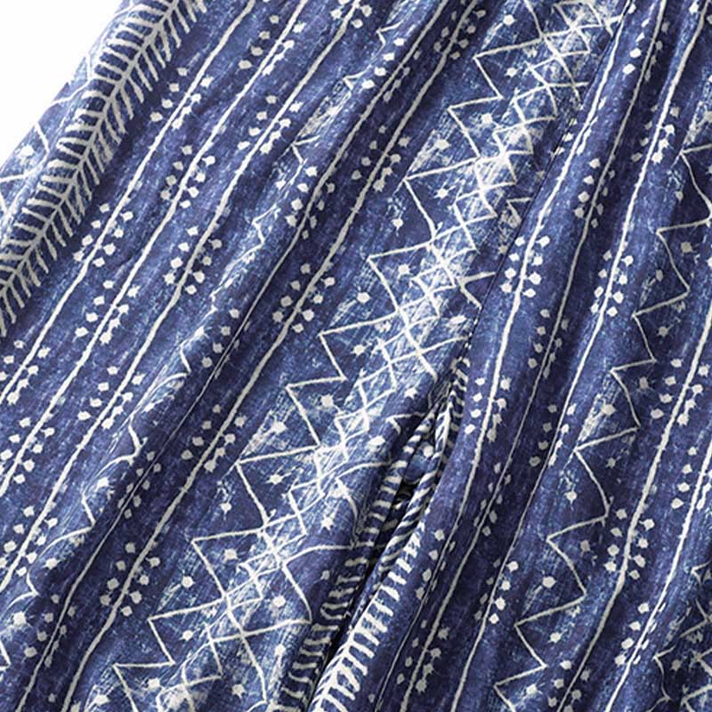 Buddha Stones Blue Stripes Print Cotton Linen Wide Leg Pants With Pockets - image 7
