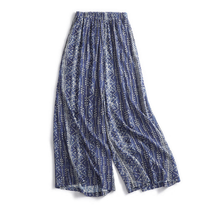 Buddha Stones Blue Stripes Print Cotton Linen Wide Leg Pants With Pockets