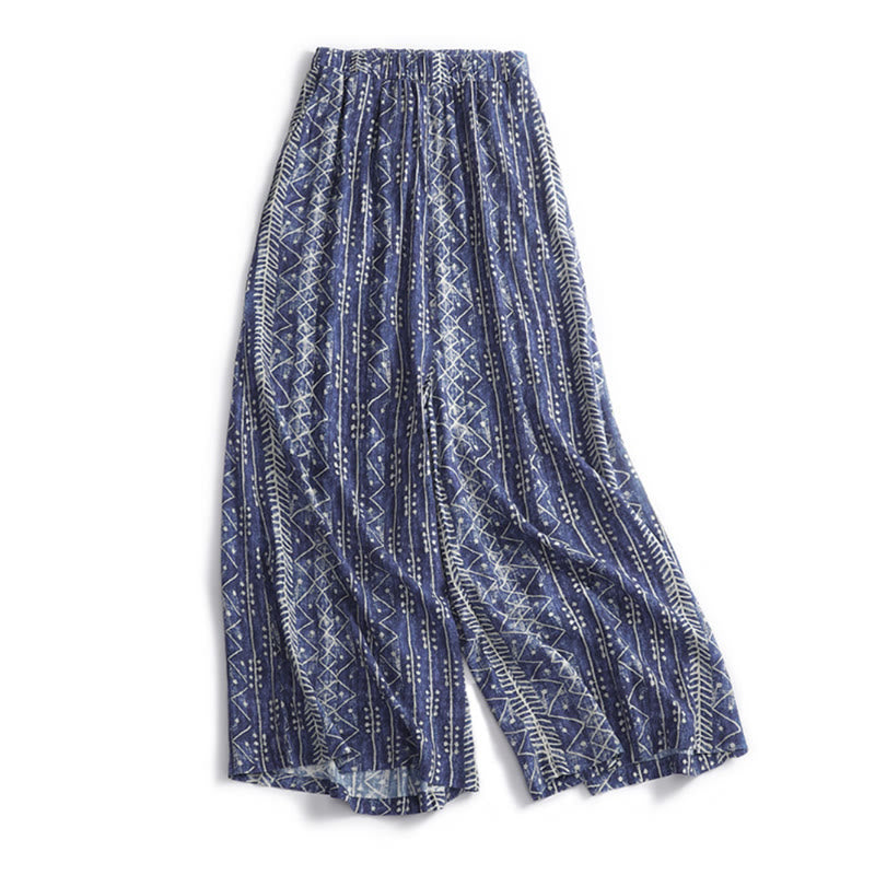 Buddha Stones Blue Stripes Print Cotton Linen Wide Leg Pants With Pockets - US8-10，UK/AU12-14，EU40-42 (2XL) - image 1
