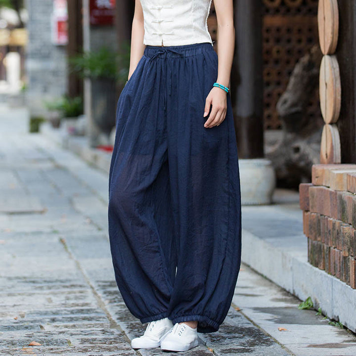 Buddha Stones Summer Plain Color Linen Drawstring Pants With Pockets