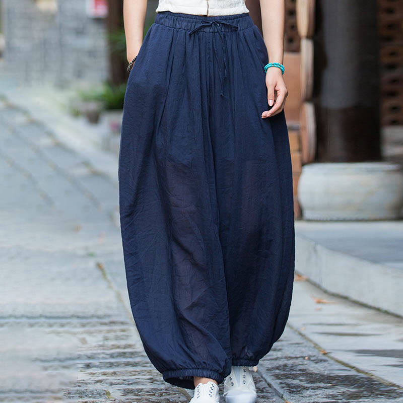 Buddha Stones Summer Plain Color Linen Drawstring Pants With Pockets