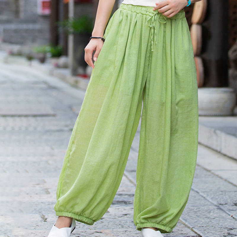 Buddha Stones Summer Plain Color Linen Drawstring Pants With Pockets