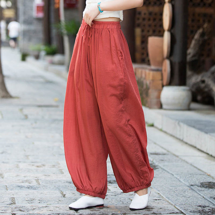 Buddha Stones Summer Plain Color Linen Drawstring Pants With Pockets