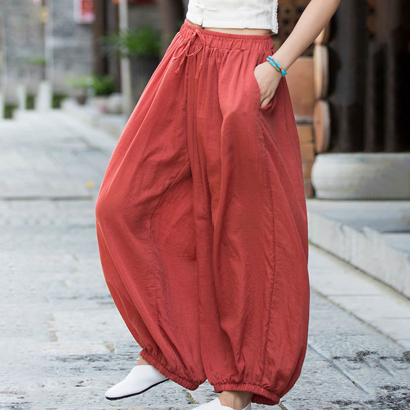 Buddha Stones Summer Plain Color Linen Drawstring Pants With Pockets