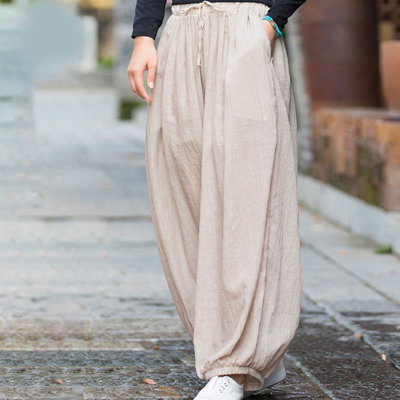 Buddha Stones Summer Plain Color Linen Drawstring Pants With Pockets