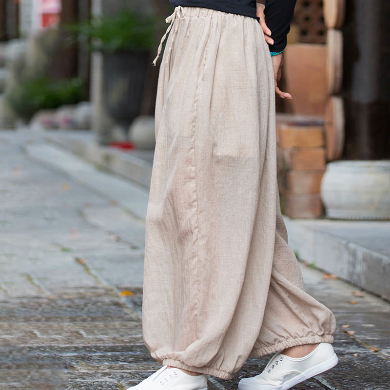 Buddha Stones Summer Plain Color Linen Drawstring Pants With Pockets