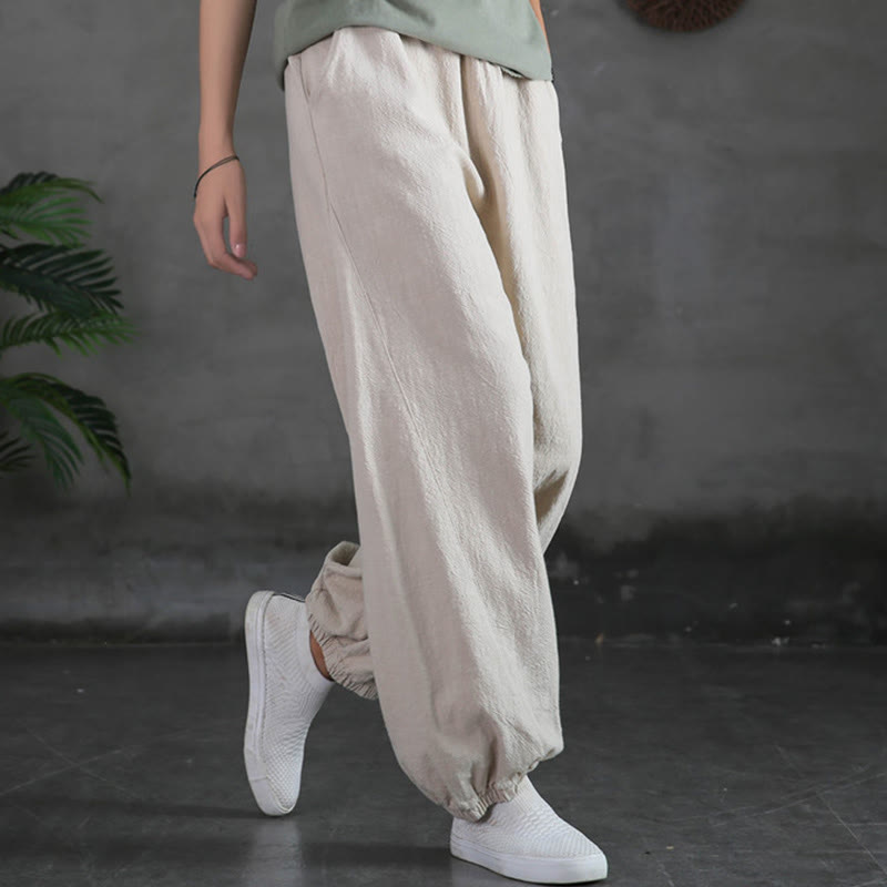 Buddha Stones Plain Color Ramie Linen Cotton Pants With Pockets