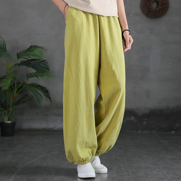 Buddha Stones Plain Color Ramie Linen Cotton Pants With Pockets